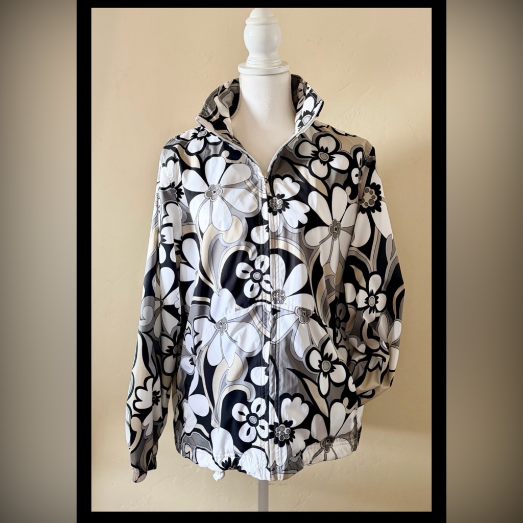 Womens Catalina Jacket Size M 8-10 90s Tropical Flowers Nylon Windbreaker Euc
